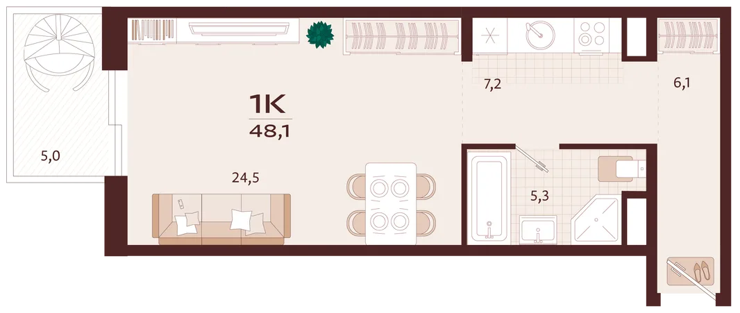 Планировка 1-комн. квартира, 48.1 м² ЖК «Роялта»