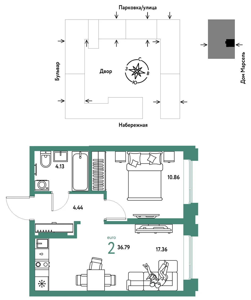 Планировка 2-комн. квартира, 36.79 м² ЖК «Европейский берег 2.0»