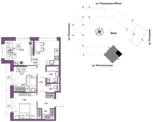 Планировка 3-комн. квартира, 64.89 м² ЖК «Страна.Парковая»