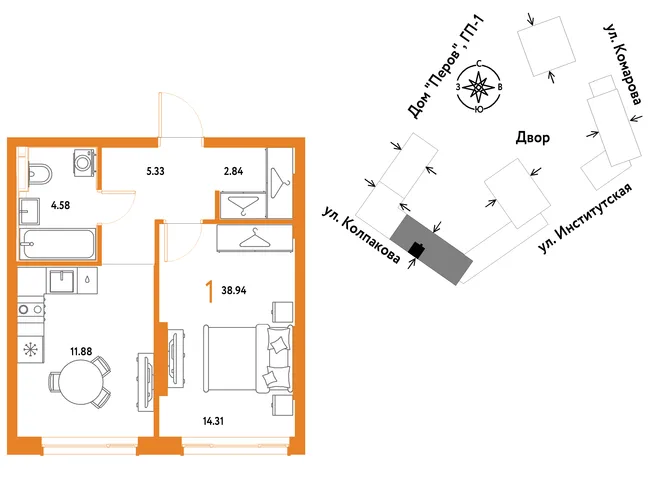 Планировка 1-комн. квартира, 38.94 м² ЖК «Страна.Парковая» Планировка 1-комн. квартира, 38.94 м² ЖК «Страна.Парковая»