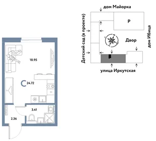 Планировка Студия, 24.72 м² ЖК «Остров-сад»