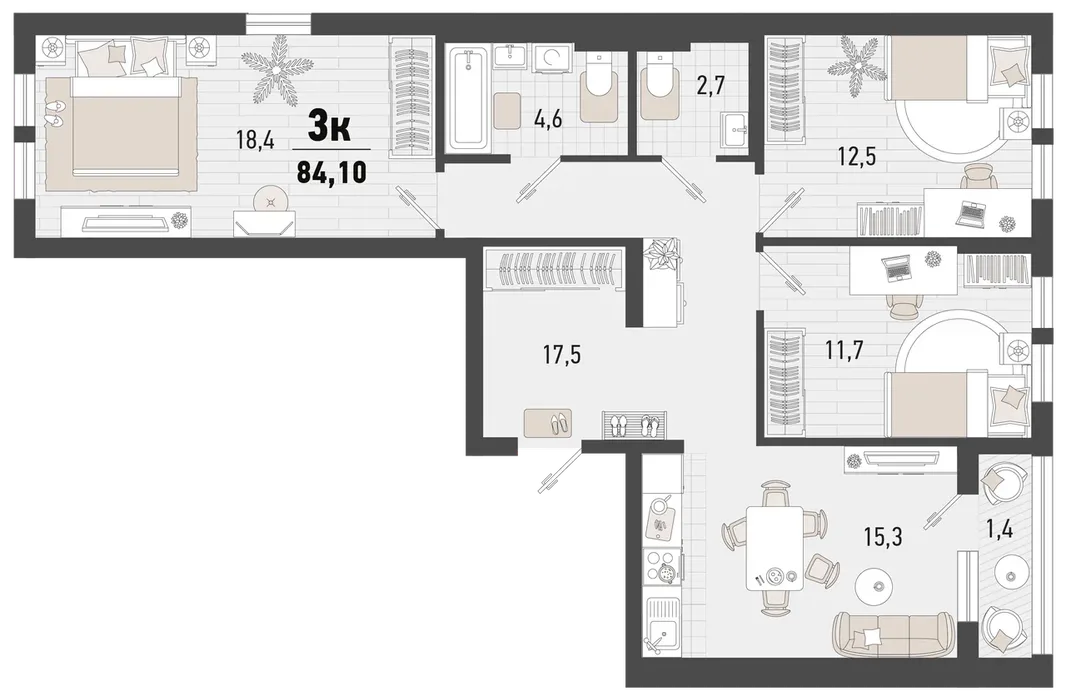 Планировка 3-комн. квартира, 85.3 м² ЖК «Барса»