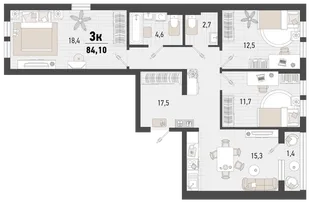 Планировка 3-комн. квартира, 85.3 м² ЖК «Барса»