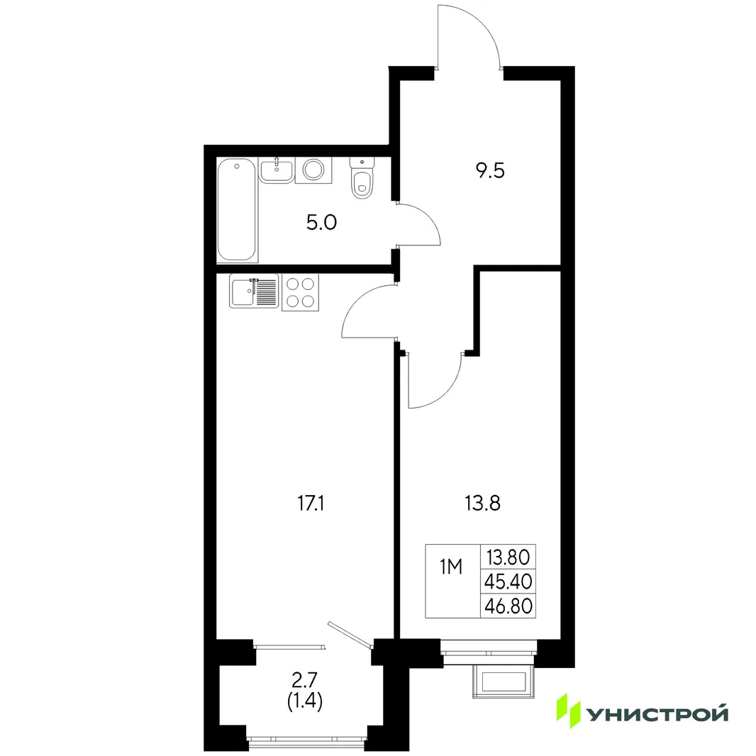 Планировка 1-комн. квартира, 46.8 м² ЖК «Стадиум»