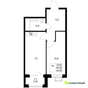 Планировка 1-комн. квартира, 46.8 м² ЖК «Стадиум»