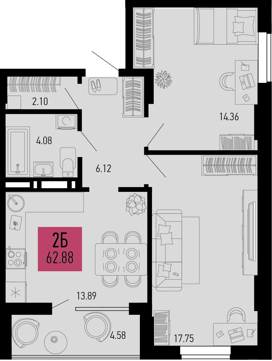 Планировка 2-комн. квартира, 62.88 м² ЖК «Столицыно»