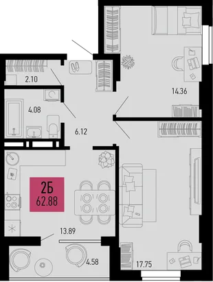 Планировка 2-комн. квартира, 62.88 м² ЖК «Столицыно»