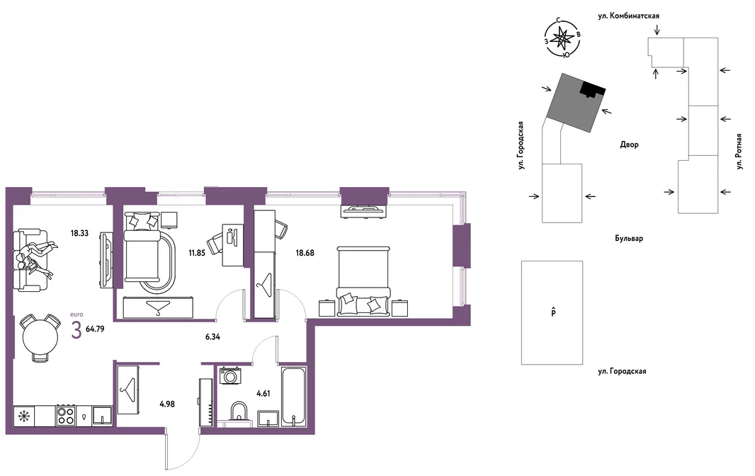 Планировка 3-комн. квартира, 64.79 м² ЖК «Уральский сад»
