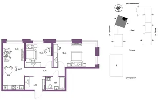 Планировка 3-комн. квартира, 64.79 м² ЖК «Уральский сад»