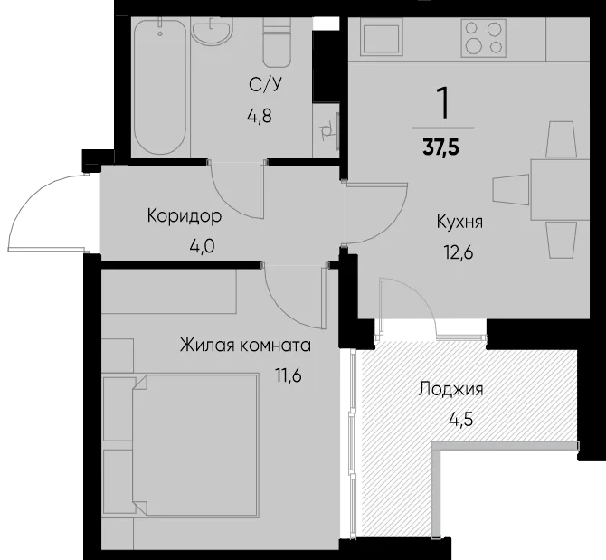 Планировка 1-комн. квартира, 37.6 м² ЖК «Васильевский остров»