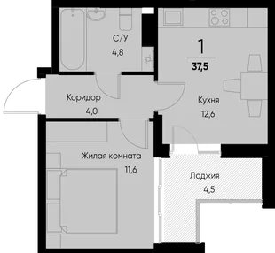 Планировка 1-комн. квартира, 37.6 м² ЖК «Васильевский остров»