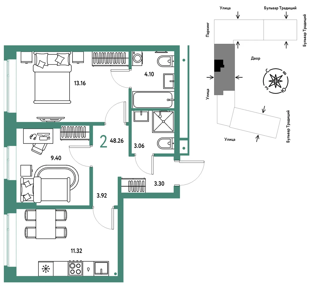Планировка 2-комн. квартира, 48.26 м² ЖК «Микрорайон Домашний»
