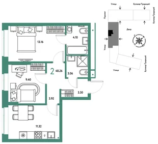 Планировка 2-комн. квартира, 48.26 м² ЖК «Микрорайон Домашний»