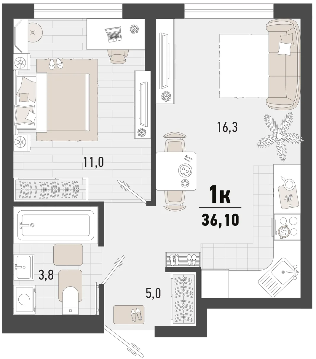 Планировка 1-комн. квартира, 36.1 м² ЖК «Барса»