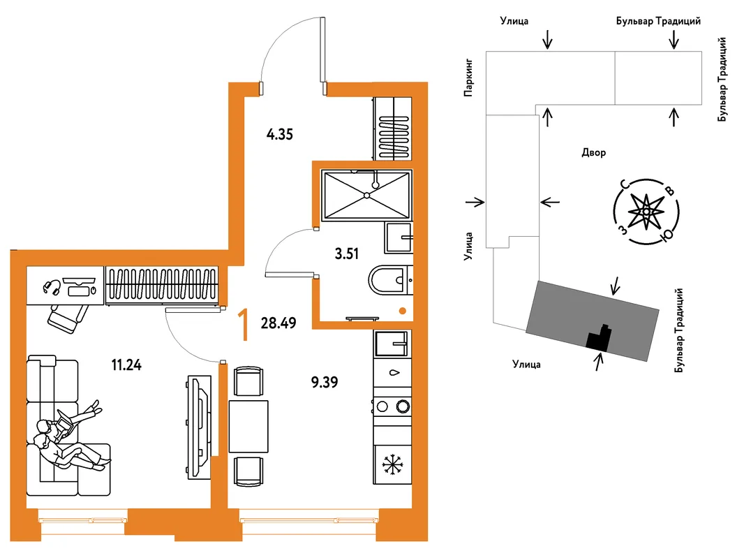 Планировка 1-комн. квартира, 28.49 м² ЖК «Микрорайон Домашний»
