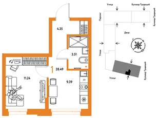 Планировка 1-комн. квартира, 28.49 м² ЖК «Микрорайон Домашний»