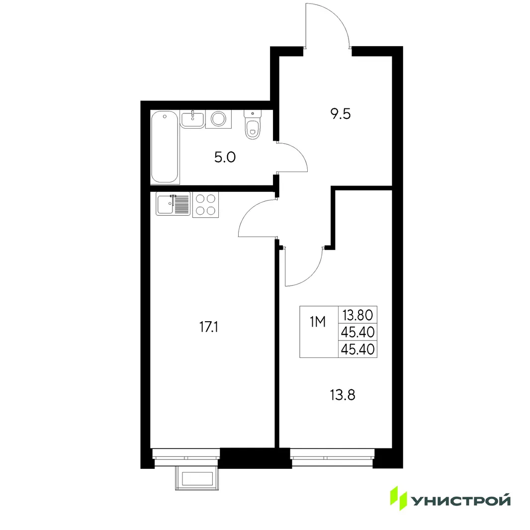 Планировка 1-комн. квартира, 45.4 м² ЖК «Стадиум»