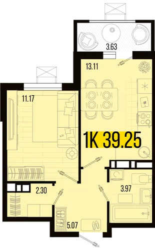 Планировка 1-комн. квартира, 37.44 м² ЖК «Цветной бульвар»