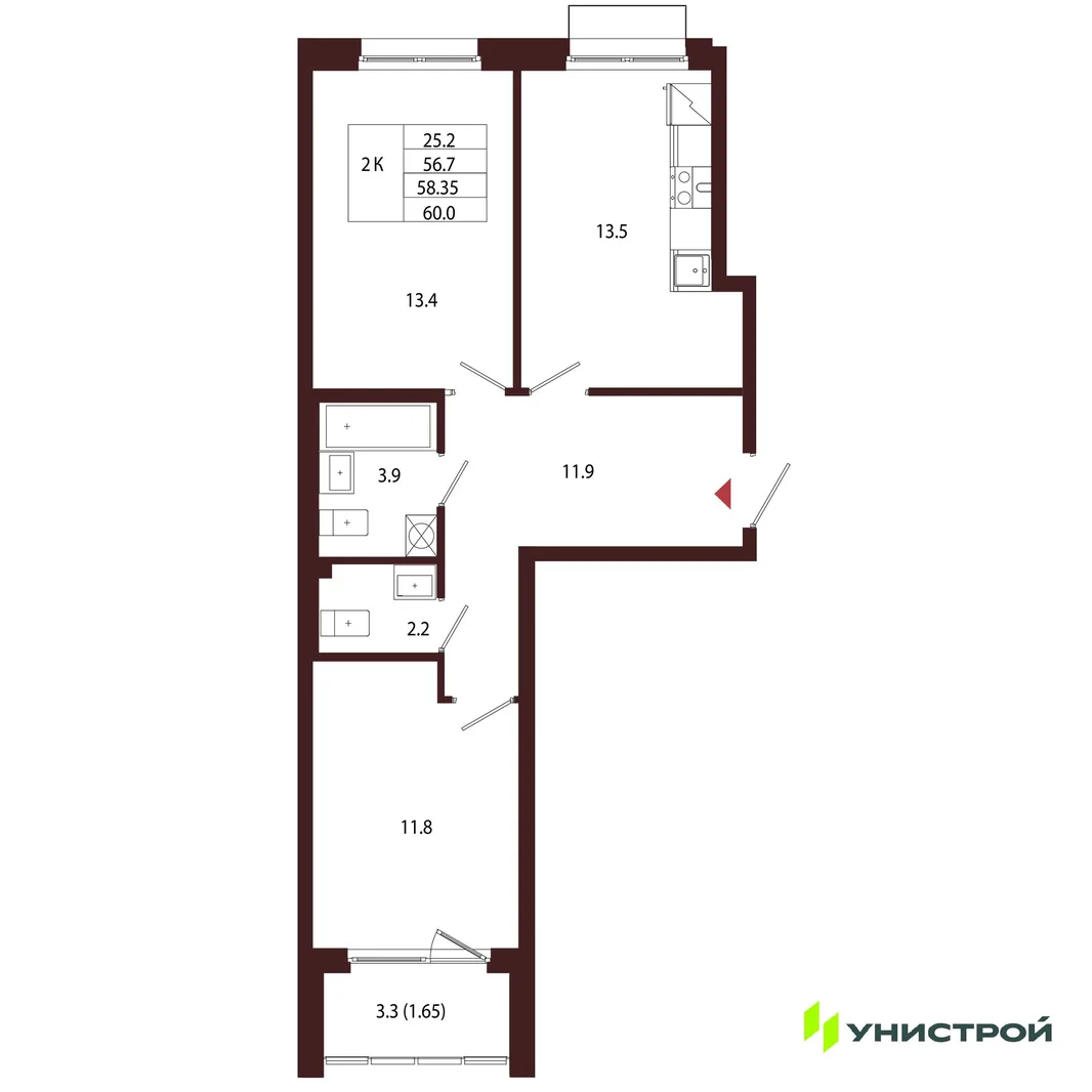 Планировка 2-комн. квартира, 58.35 м² ЖК «Лисино»