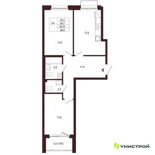 Планировка 2-комн. квартира, 58.35 м² ЖК «Лисино»
