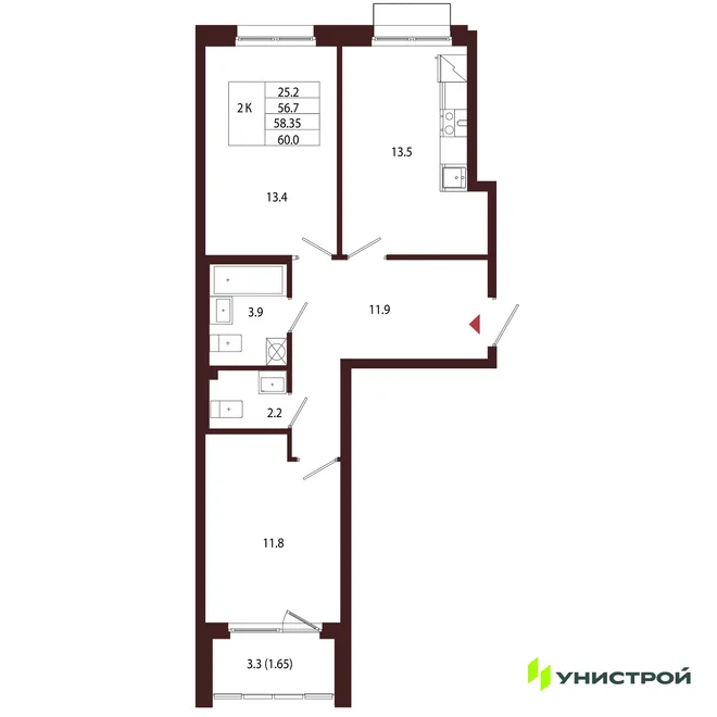 Планировка 2-комн. квартира, 58.35 м² ЖК «Лисино» Планировка 2-комн. квартира, 58.35 м² ЖК «Лисино»