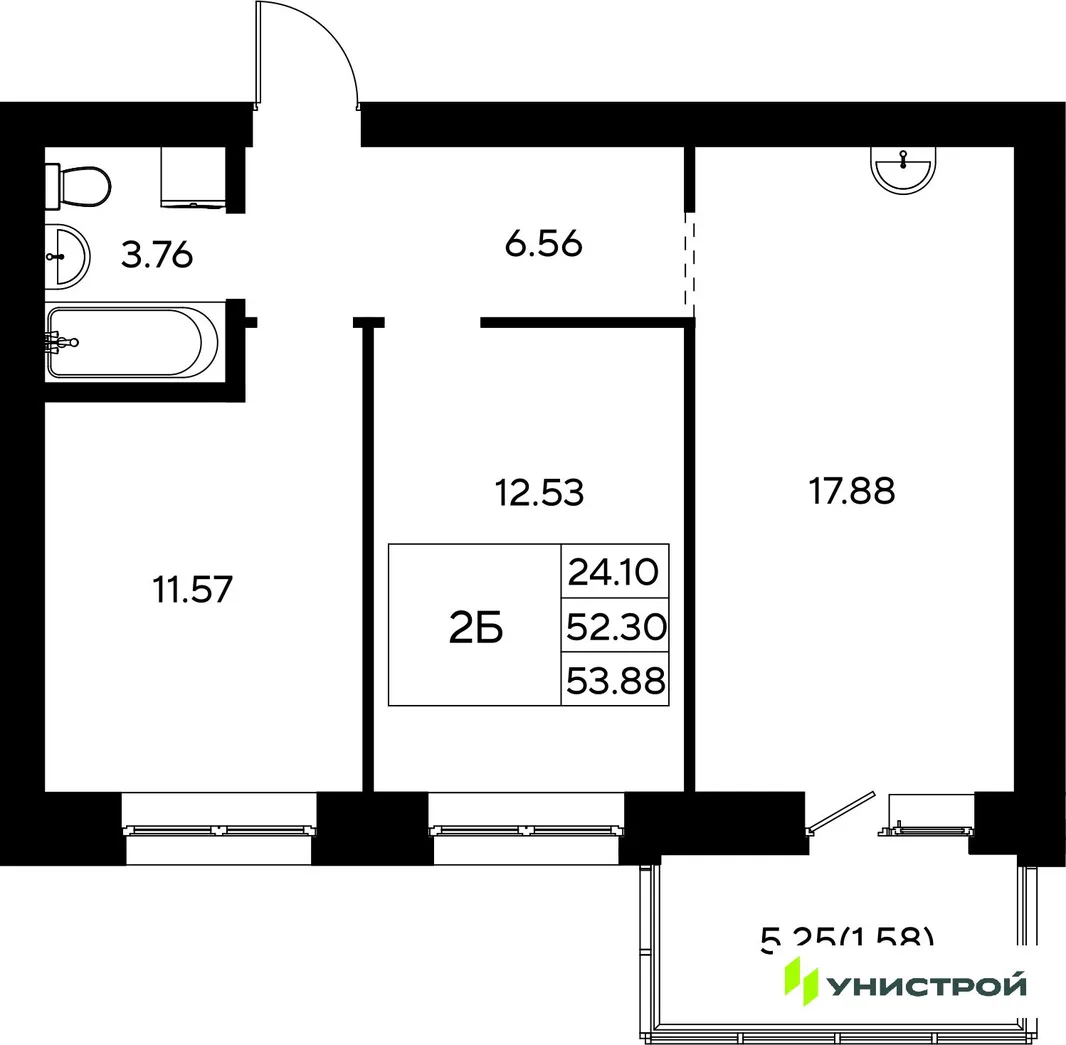 Планировка 2-комн. квартира, 53.88 м² ЖК «Царёво City»