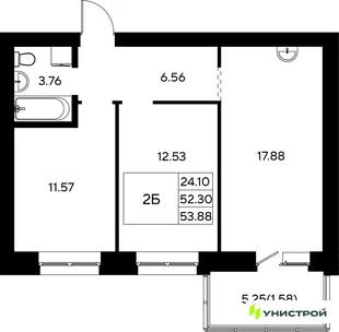 Планировка 2-комн. квартира, 53.88 м² ЖК «Царёво City»