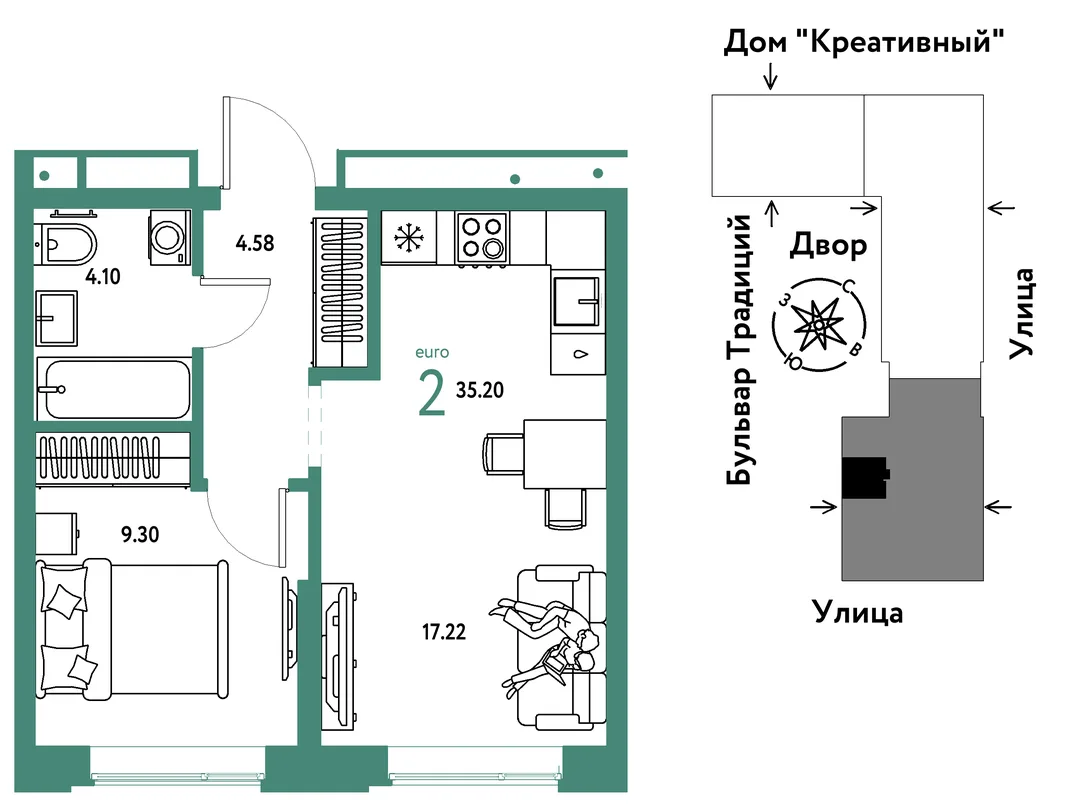 Планировка 2-комн. квартира, 35.2 м² ЖК «Микрорайон Домашний»