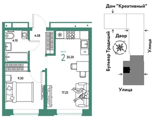 Планировка 2-комн. квартира, 35.2 м² ЖК «Микрорайон Домашний»