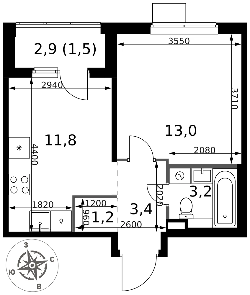 Планировка 1-комн. квартира, 34.1 м² ЖК «1-й Химкинский»