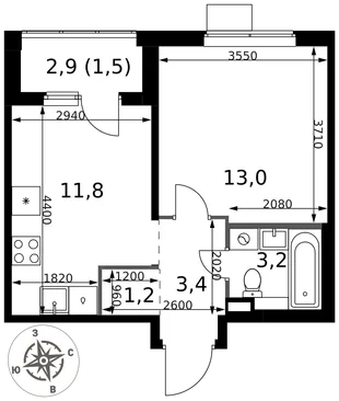 Планировка 1-комн. квартира, 34.1 м² ЖК «1-й Химкинский»