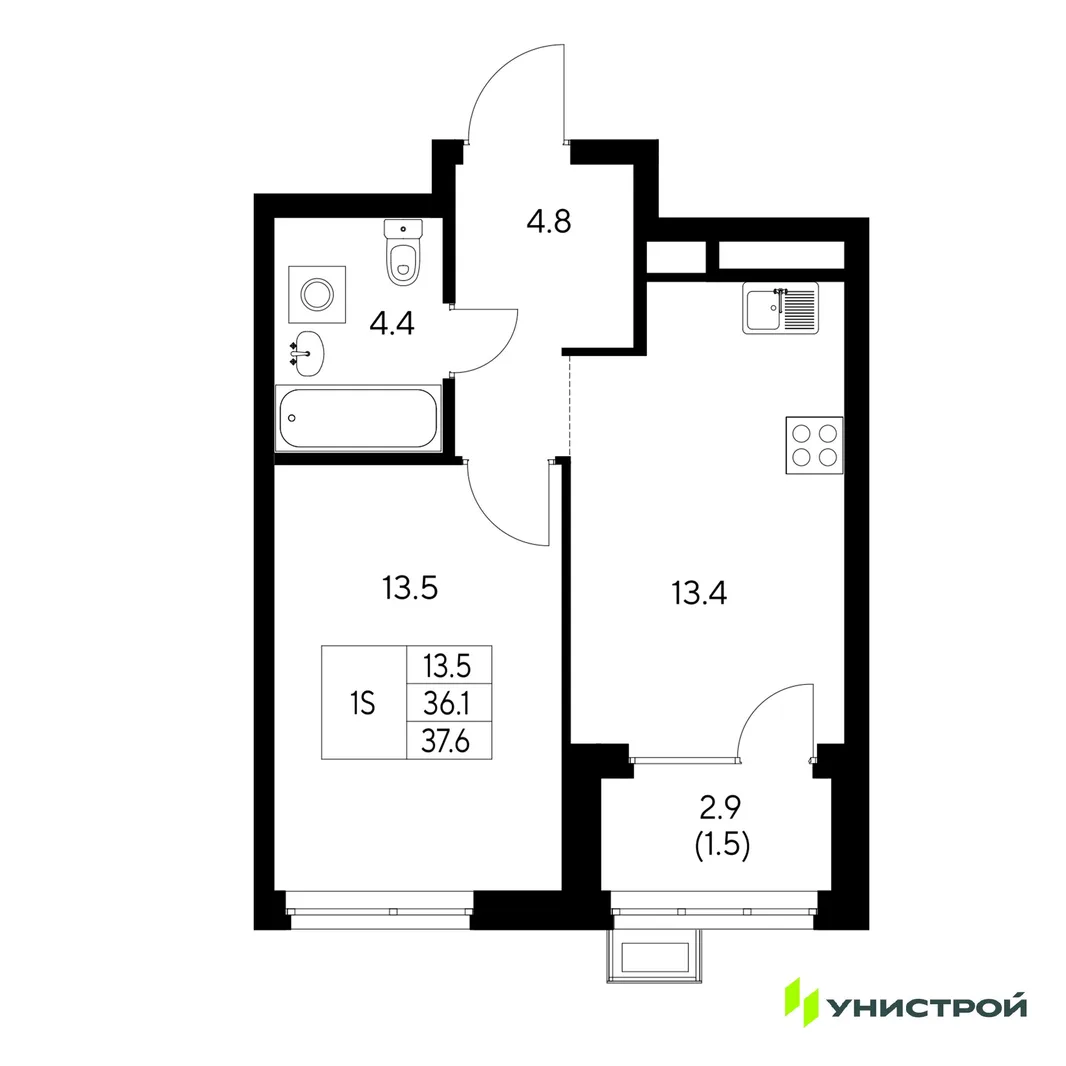 Планировка 1-комн. квартира, 37.6 м² ЖК «Стадиум»