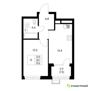 Планировка 1-комн. квартира, 37.6 м² ЖК «Стадиум»