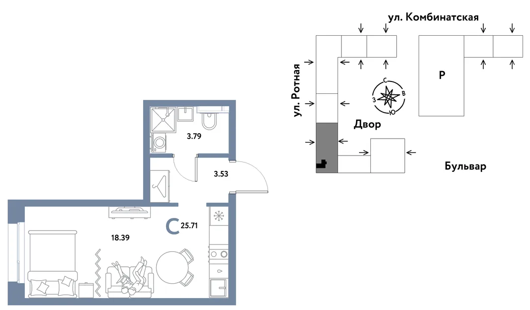 Планировка Студия, 25.61 м² ЖК «Уральский сад»