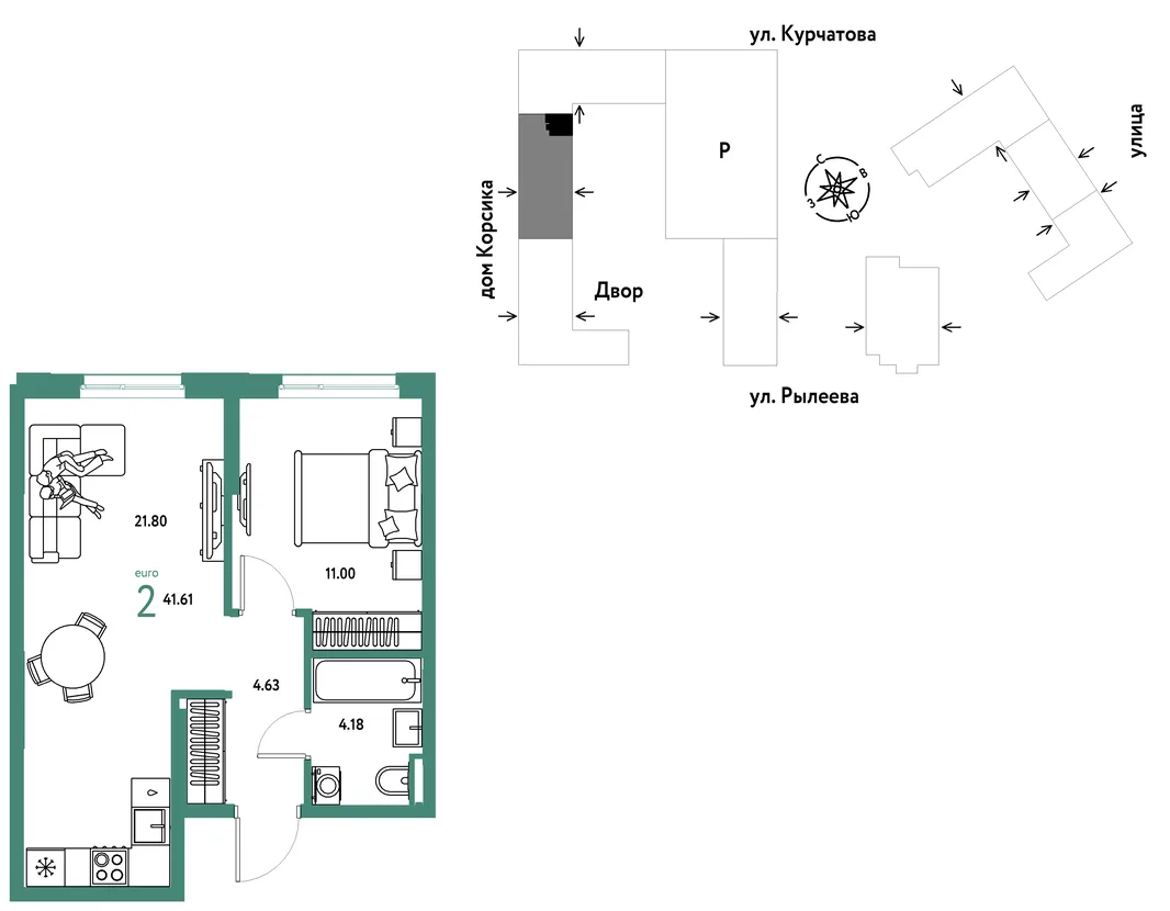 Планировка 2-комн. квартира, 41.6 м² ЖК «Остров-сад»