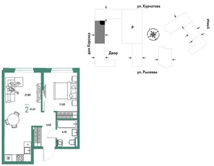Планировка 2-комн. квартира, 41.6 м² ЖК «Остров-сад»