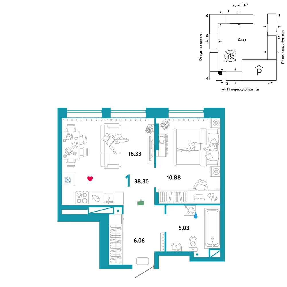 Планировка 1-комн. квартира, 38.3 м² ЖК «Юнион»