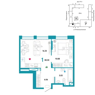 Планировка 1-комн. квартира, 38.3 м² ЖК «Юнион»