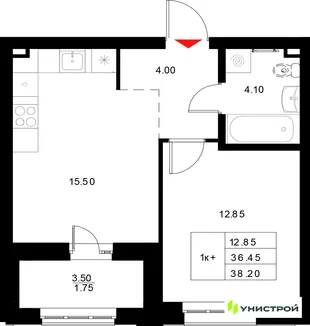 Планировка 1-комн. квартира, 38.2 м² ЖК «Уникод на Технической»