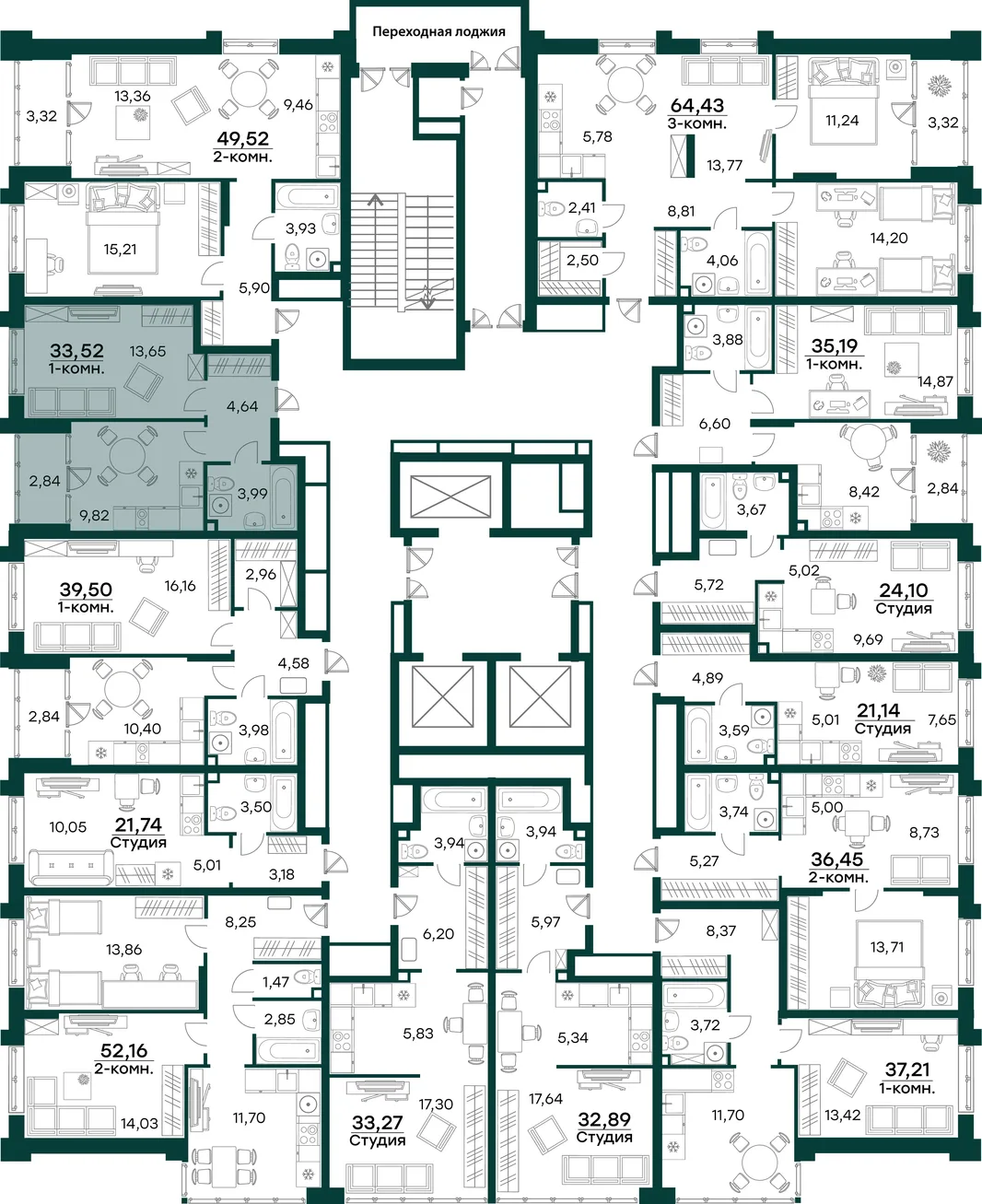 Планировка 1-комн. квартира, 33.52 м² ЖК «Аквамарин 2»