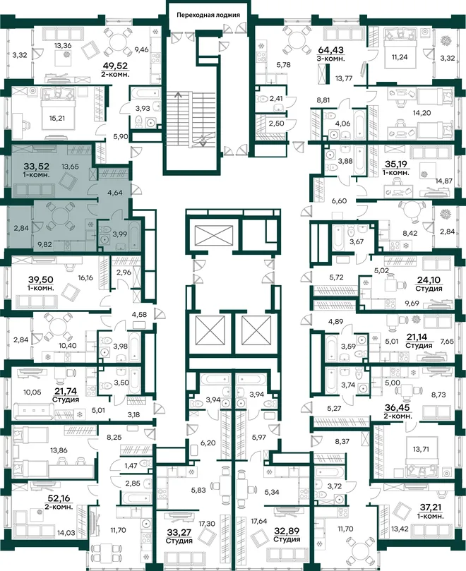 Планировка 1-комн. квартира, 33.52 м² ЖК «Аквамарин 2»