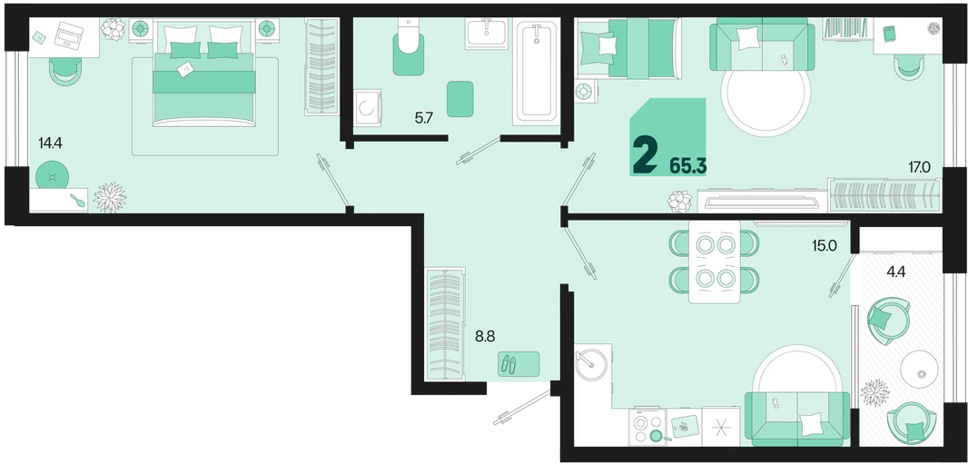 Планировка 2-комн. квартира, 65.3 м² ЖК «Первое место»