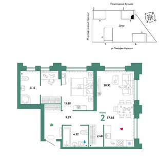 Планировка 2-комн. квартира, 57.48 м² ЖК «Микрорайон Звездный»