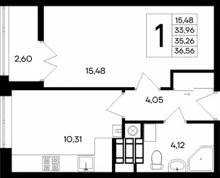 Планировка 1-комн. квартира, 36.56 м² ЖК «Сезоны»