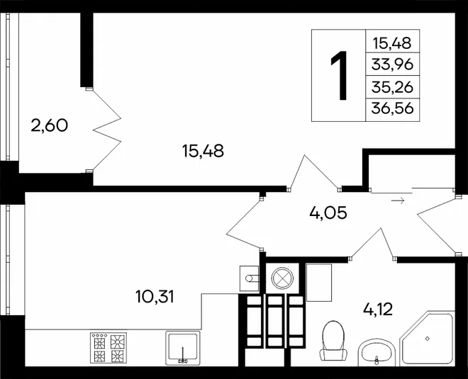 Планировка 1-комн. квартира, 36.56 м² ЖК «Сезоны» Планировка 1-комн. квартира, 36.56 м² ЖК «Сезоны»