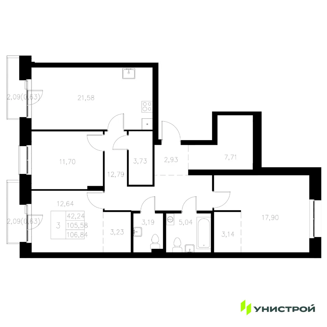 Планировка 3-комн. квартира, 106.84 м² ЖК «Statum»