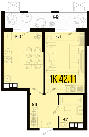Планировка 1-комн. квартира, 38.9 м² ЖК «Цветной бульвар»