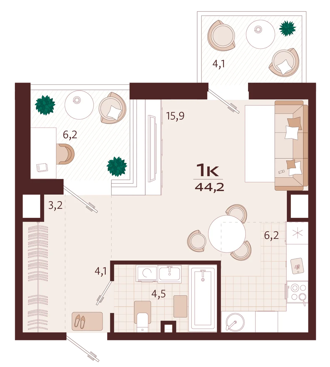 Планировка 1-комн. квартира, 44.2 м² ЖК «Роялта»