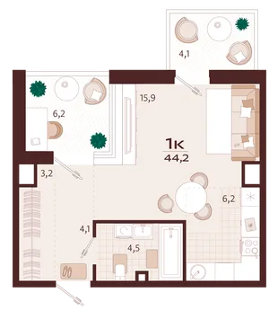 Планировка 1-комн. квартира, 44.2 м² ЖК «Роялта»