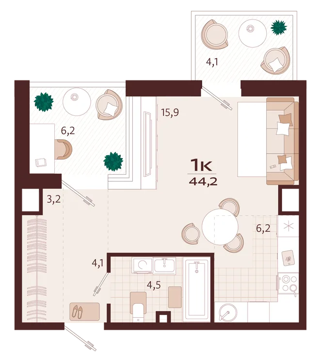Планировка 1-комн. квартира, 44.2 м² ЖК «Роялта»
